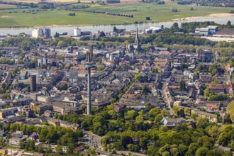 Aerial view, TV tower Wesel Langer Heinrich, protestant church Willibrordi-Dom, river Rhine, old