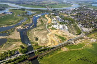 Aerial view, new mouth of the river Lippe near Wesel, Rhine, Rhine harbour, federal road connection