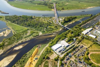 Aerial view, new mouth of the river Lippe near Wesel, Rhine, Rhine harbour, federal road connection