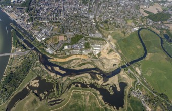 Aerial view, new mouth of the river Lippe near Wesel, Rhine, Rhine harbour, federal road connection