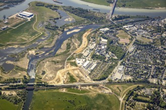 Aerial view, new mouth of the river Lippe near Wesel, Rhine, Rhine harbour, federal road connection