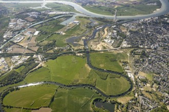Aerial view, new mouth of the river Lippe near Wesel, Rhine, Rhine harbour, federal road connection