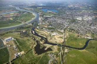 Aerial view, new mouth of the river Lippe near Wesel, Rhine, Rhine harbour, federal road connection