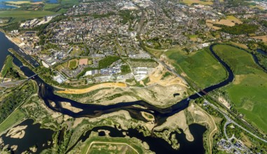 Aerial view, new mouth of the river Lippe near Wesel, Rhine, Rhine harbour, federal road connection