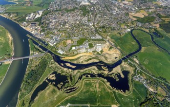 Aerial view, new mouth of the river Lippe near Wesel, Rhine, Rhine harbour, federal road connection
