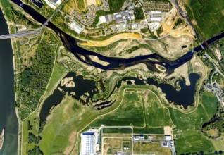 Aerial view, new mouth of the river Lippe near Wesel, Rhine, Rhine harbour, federal road connection