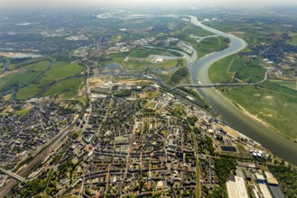 Aerial view, new mouth of the river Lippe near Wesel, Rhine, Rhine harbour, federal road connection