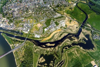Aerial view, new mouth of the river Lippe near Wesel, Rhine, Rhine harbour, federal road connection