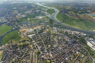 Aerial view, new mouth of the river Lippe near Wesel, Rhine, Rhine harbour, federal road connection