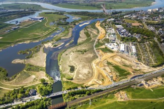 Aerial view, new mouth of the river Lippe near Wesel, Rhine, Rhine harbour, federal road connection