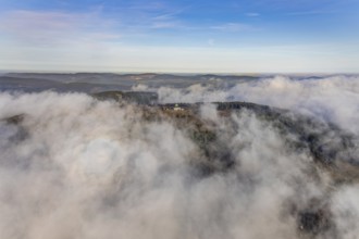 Aerial view, clouds over the Kahler Asten, Astenturm and hotel-restaurant, second highest mountain