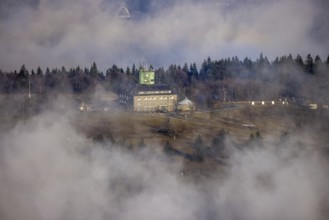 Aerial view, clouds over the Kahler Asten, Astenturm and hotel-restaurant, second highest mountain