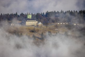 Aerial view, clouds over the Kahler Asten, Astenturm and hotel-restaurant, second highest mountain