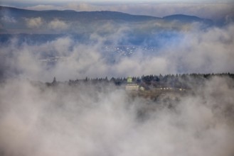 Aerial view, clouds over the Kahler Asten, Astenturm and hotel-restaurant, second highest mountain