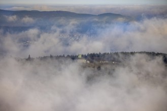 Aerial view, clouds over the Kahler Asten, Astenturm and hotel-restaurant, second highest mountain