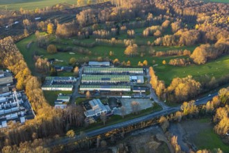 Aerial photo, Westerhaar industrial estate, TÜV NORD inspection centre Wickede Werl, golf course