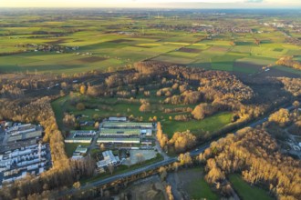 Aerial photo, Westerhaar industrial estate, TÜV NORD inspection centre Wickede Werl, golf course