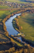 Aerial view, Ruhr river, Echthausen hydroelectric power station, Wickede, Sauerland, North