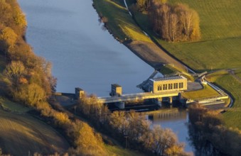 Aerial view, Ruhr river, Echthausen hydroelectric power station, Wickede, Sauerland, North