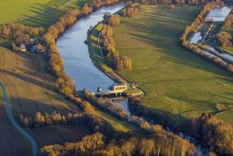 Aerial view, Ruhr river, Echthausen hydroelectric power station, Wickede, Sauerland, North