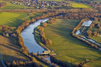 Aerial view, Ruhr river, Echthausen hydroelectric power station, Wickede, Sauerland, North