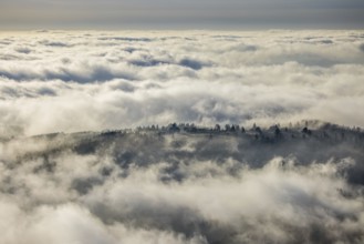 Aerial view, clouds over the Kahler Asten, Astenturm and hotel-restaurant, second highest mountain