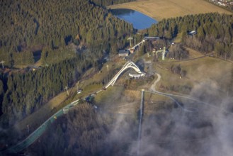 Aerial view, ski area at the St. Georg ski jump, Winterberg, Sauerland, North Rhine-Westphalia,
