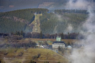 Aerial view, clouds over the Kahler Asten, Astenturm and hotel-restaurant, second highest mountain