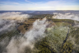 Aerial view, clouds over the Kahler Asten, Astenturm and hotel-restaurant, second highest mountain