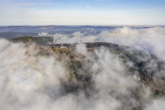 Aerial view, clouds over the Kahler Asten, Astenturm and hotel-restaurant, second highest mountain