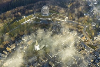 Aerial view, Winterberg centre, Catholic church looking out of the clouds, Oversum Vital Resort,