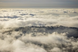 Aerial view, clouds over the Kahler Asten, Astenturm and hotel-restaurant, second highest mountain