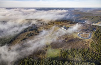 Aerial view, clouds over the Kahler Asten, Astenturm and hotel-restaurant, second highest mountain