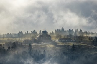 Aerial view, clouds over the Kahler Asten, Astenturm and hotel-restaurant, second highest mountain