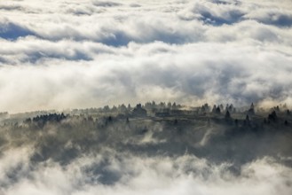 Aerial view, clouds over the Kahler Asten, Astenturm and hotel-restaurant, second highest mountain