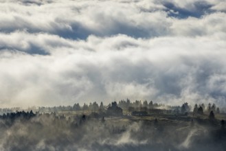 Aerial view, clouds over the Kahler Asten, Astenturm and hotel-restaurant, second highest mountain