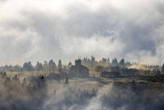 Aerial view, clouds over the Kahler Asten, Astenturm and hotel-restaurant, second highest mountain