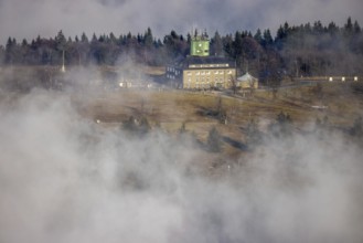 Aerial view, clouds over the Kahler Asten, Astenturm and hotel-restaurant, second highest mountain