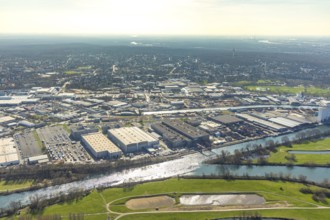Aerial view, industrial area Broich Castle and Gerwegegebiet Hafen Nord, Linksruhr, Mülheim an der