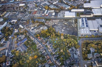 Aerial view, Rhine-Ruhr harbour Mülheim, shipping canal, Weseler Straße commercial area, Speldorf,