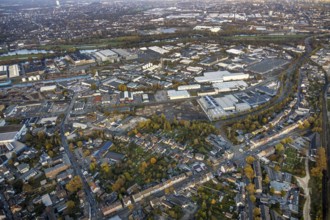 Aerial view, Rhine-Ruhr harbour Mülheim, shipping canal, Weseler Straße commercial area, Speldorf,