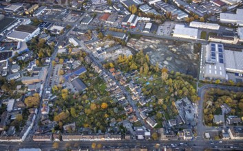 Aerial view, Rhine-Ruhr harbour Mülheim, shipping canal, Weseler Straße commercial area, Speldorf,