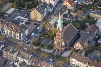 Aerial view, Lutheran Church, Speldorf, Mülheim an der Ruhr, Ruhr area, North Rhine-Westphalia,