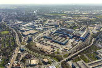 Aerial view, Vallourec Deutschland Kontiwalzwerk, Mediamarkt, Real, Metro, Gewerbegebiet,