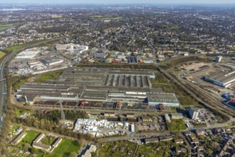 Aerial view, Vallourec Deutschland Kontiwalzwerk, Mediamarkt, Real, Metro, Gewerbegebiet,