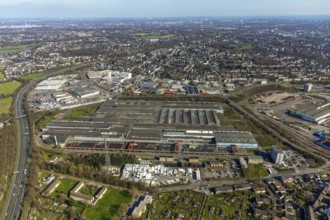 Aerial view, Vallourec Deutschland Kontiwalzwerk, Mediamarkt, Real, Metro, Gewerbegebiet,