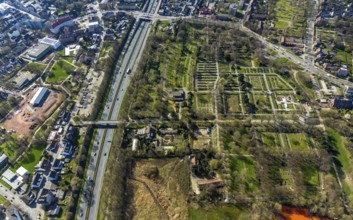 Aerial view, cemetery Styrum, federal road B223, motorway A20, junction AS16 Mülheim-Styrum,
