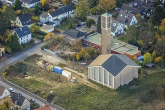 Aerial view, church and kindergarten Lindenhof, Saarn - West, Mülheim an der Ruhr, Ruhr area, North