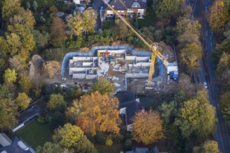 Aerial view, construction site new building, Broicher Waldgebiet, Schengerholzbachtal,