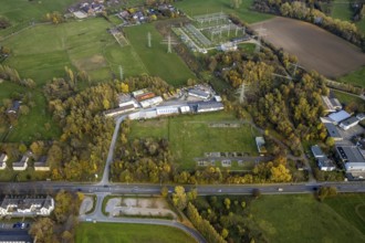 Aerial view, timber trade, Kölner Straße, Saarn - Süd, Mülheim an der Ruhr, Ruhr area, North
